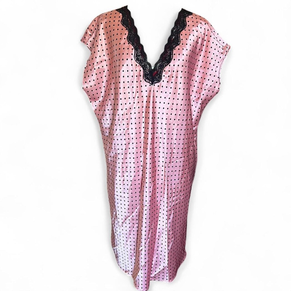 Ambrielle Pink With Black Polka Dots & Black Nightgown Deep V Neck Size 1X